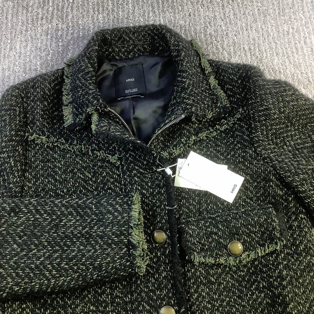 MNG Mango Tweed Jacket With Notched Lapel Collar Womens Size L NWT